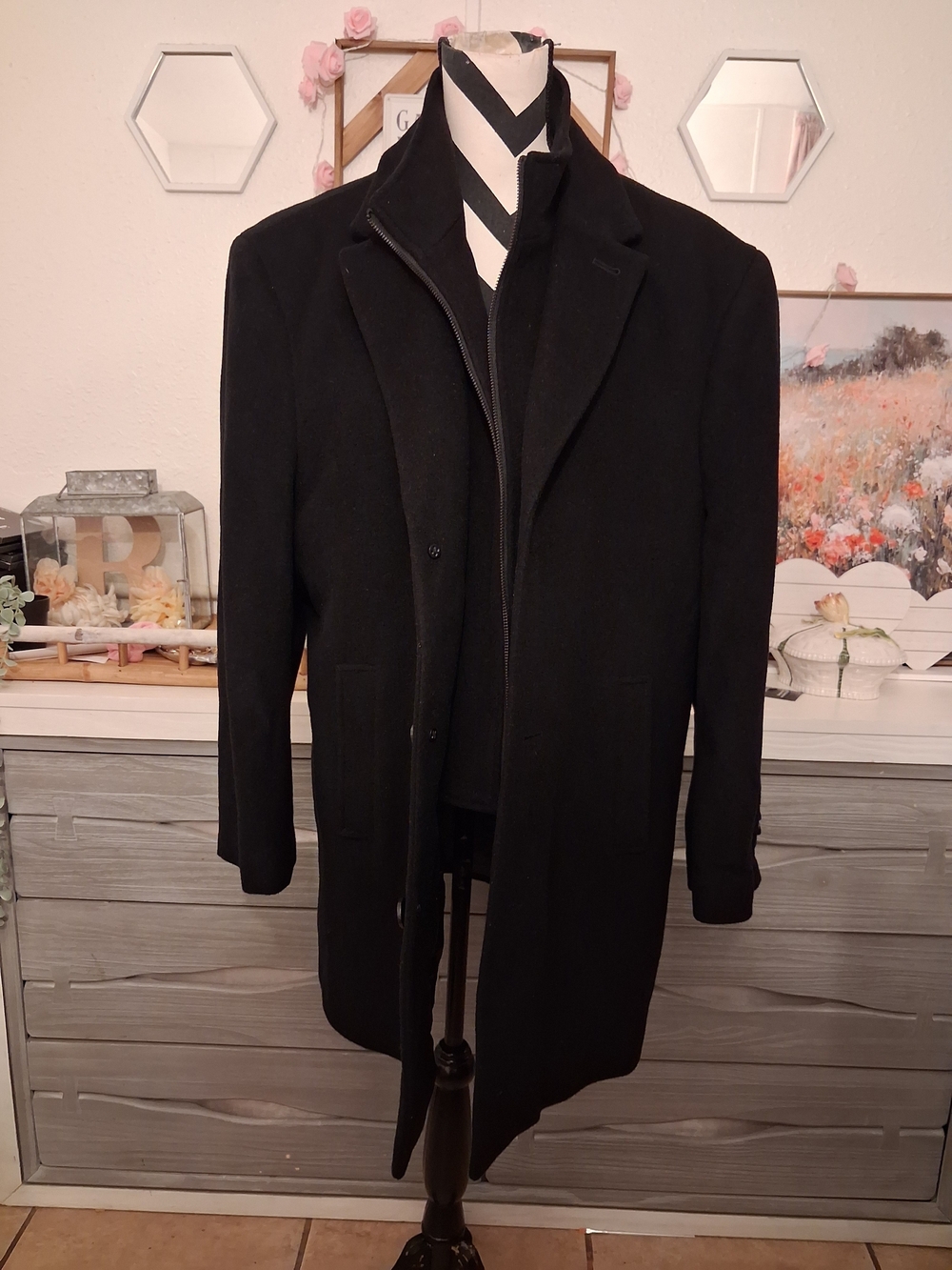 Kirkland Signature Men's Black Wool Cashmere Overcoat Attached Bib Size 42S